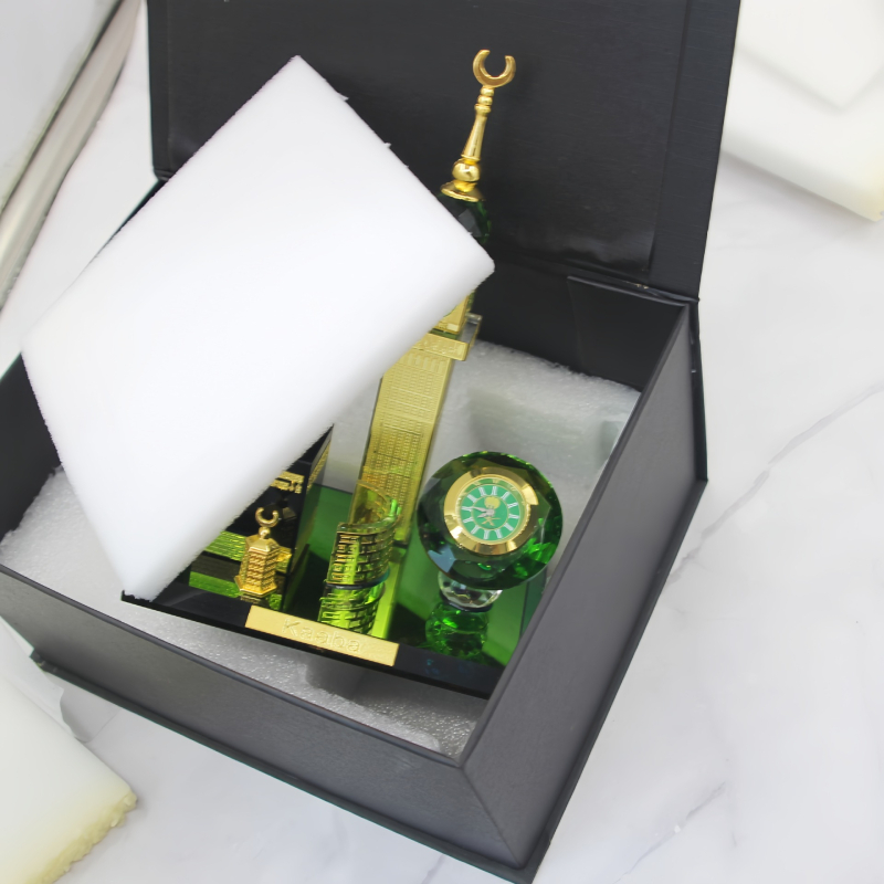 Sklenený geometrický architektonický model – Mecca Clock Tower, volanie k modlitbe, visiaca ozdoba s intarziou