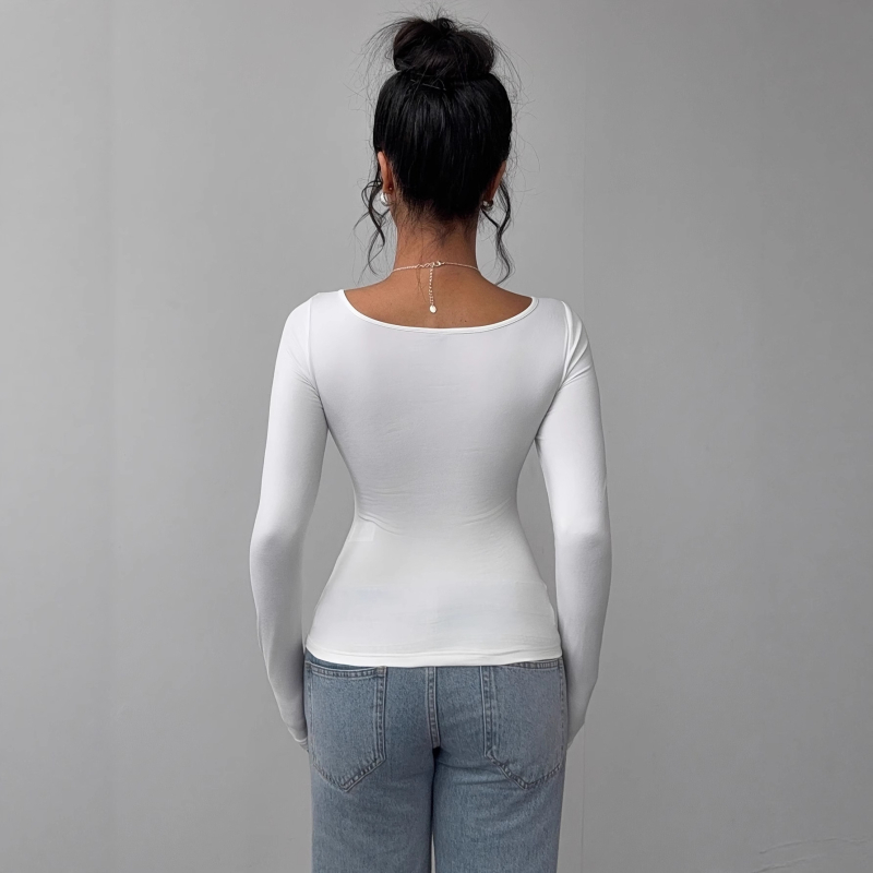 Ženski top s dugim rukavima od milk silk, kvadratični izrez, uski kroj, jesen 2024