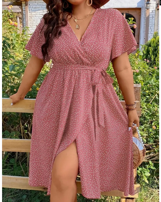 Rochie cu decolteu în V, croială în A de lungime medie, mâneci scurte, material poliester cu imprimeu în valuri