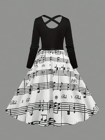 Rochie midi tricotată cu imprimeu în rețea încrucișată, guler rotund, mâneci lungi, curea la talie