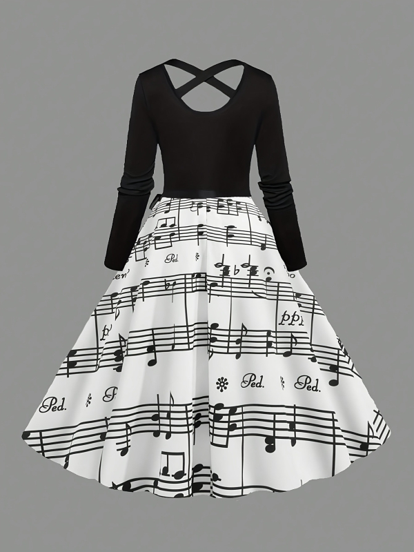 Rochie midi tricotată cu imprimeu în rețea încrucișată, guler rotund, mâneci lungi, curea la talie