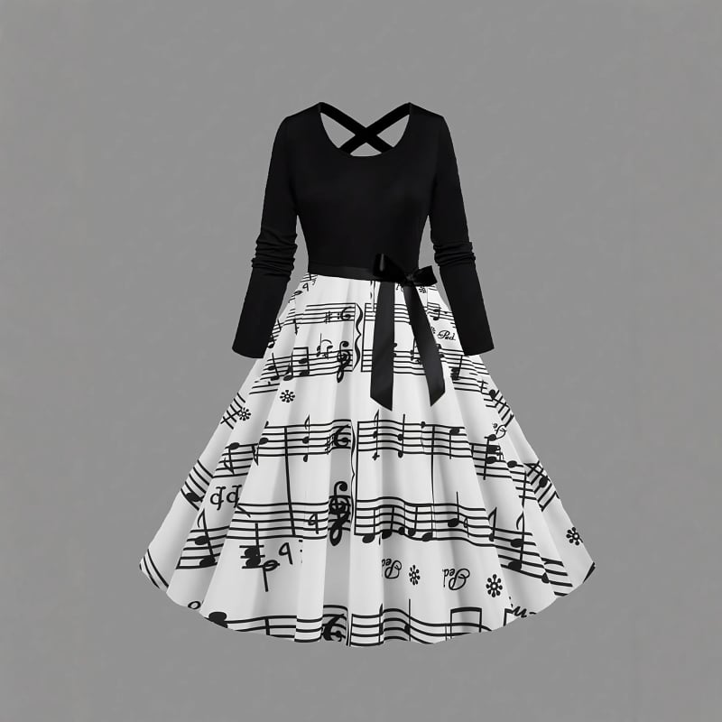 Rochie midi tricotată cu imprimeu în rețea încrucișată, guler rotund, mâneci lungi, curea la talie