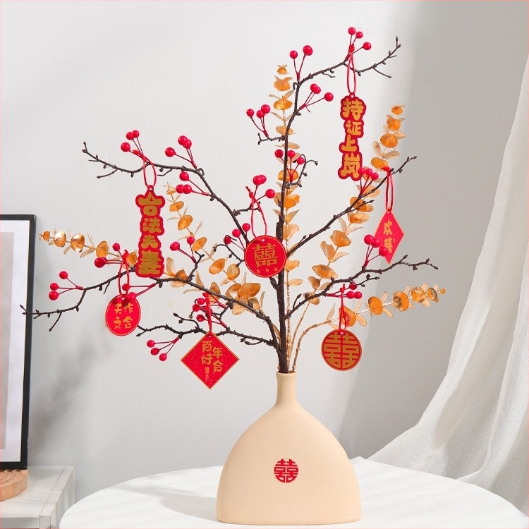 Qiyang Umelé kvety — Granátové jablko, Bohatá ovocná odroda, Materiál 1390, určené na obývaciu izbu a svadobnú výzdobu