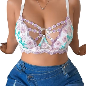 Ženské sexy spodné prádlo s vyšívanou sieťovinou, s kosticou, 3/4 košíček, pevné dvojité ramienka, polyester