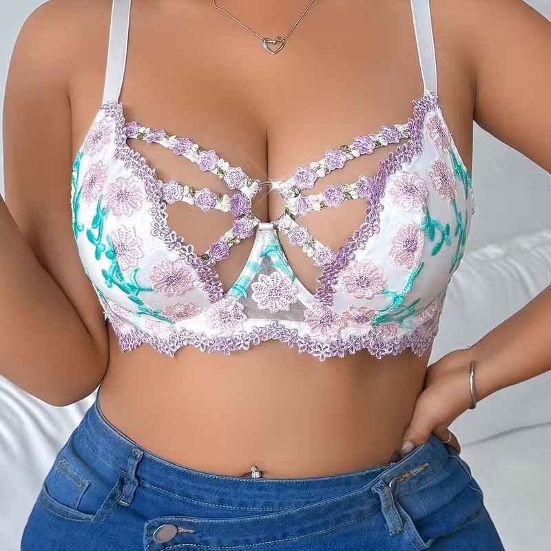 Ženské sexy spodné prádlo s vyšívanou sieťovinou, s kosticou, 3/4 košíček, pevné dvojité ramienka, polyester