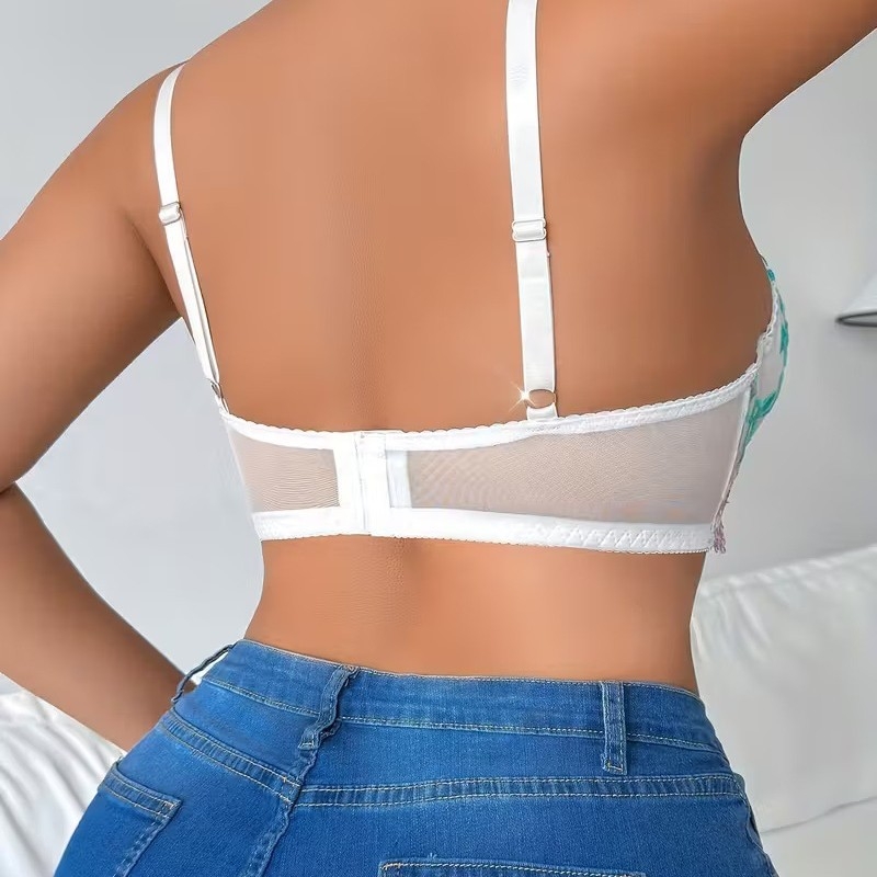 Ženské sexy spodné prádlo s vyšívanou sieťovinou, s kosticou, 3/4 košíček, pevné dvojité ramienka, polyester