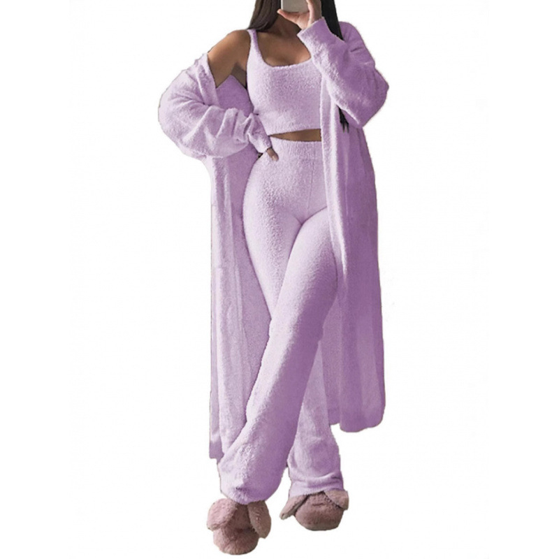 Ženski jednobojni pajama set, duge hlače, visoko temperaturno oblikovanje, zima 2024, poliester