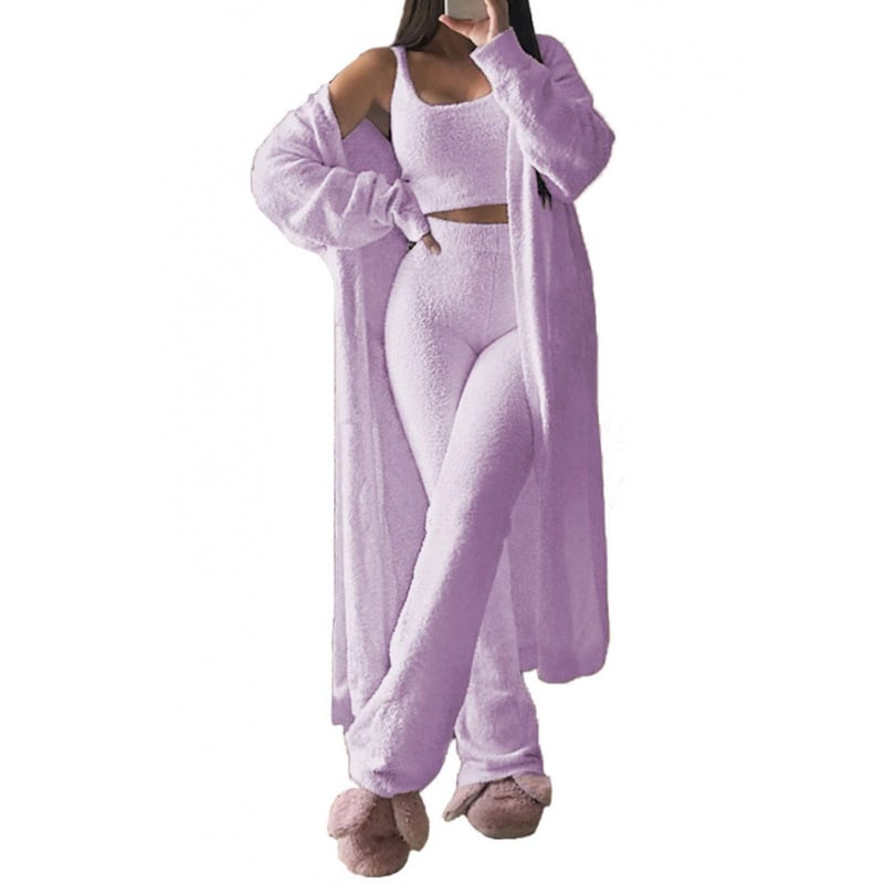 Ženski jednobojni pajama set, duge hlače, visoko temperaturno oblikovanje, zima 2024, poliester