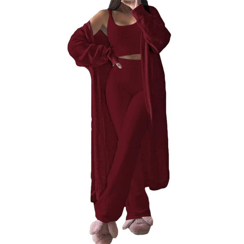 Ženski jednobojni pajama set, duge hlače, visoko temperaturno oblikovanje, zima 2024, poliester