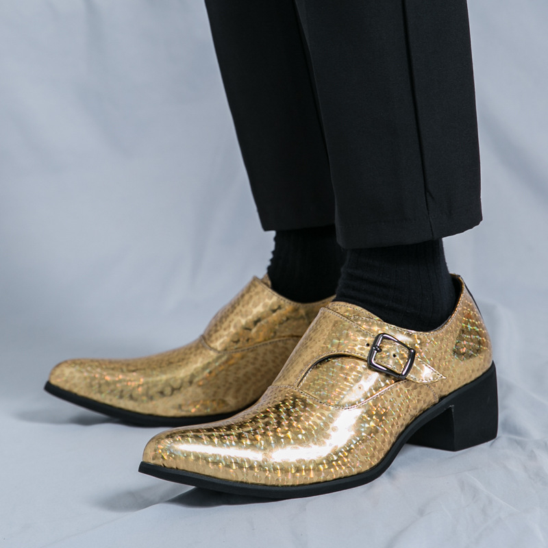 Pánske loafer s ostrým nosom, lakovaná koža, 6–8 cm hrubý podpätok, gumová podrážka, zapínanie s prackou