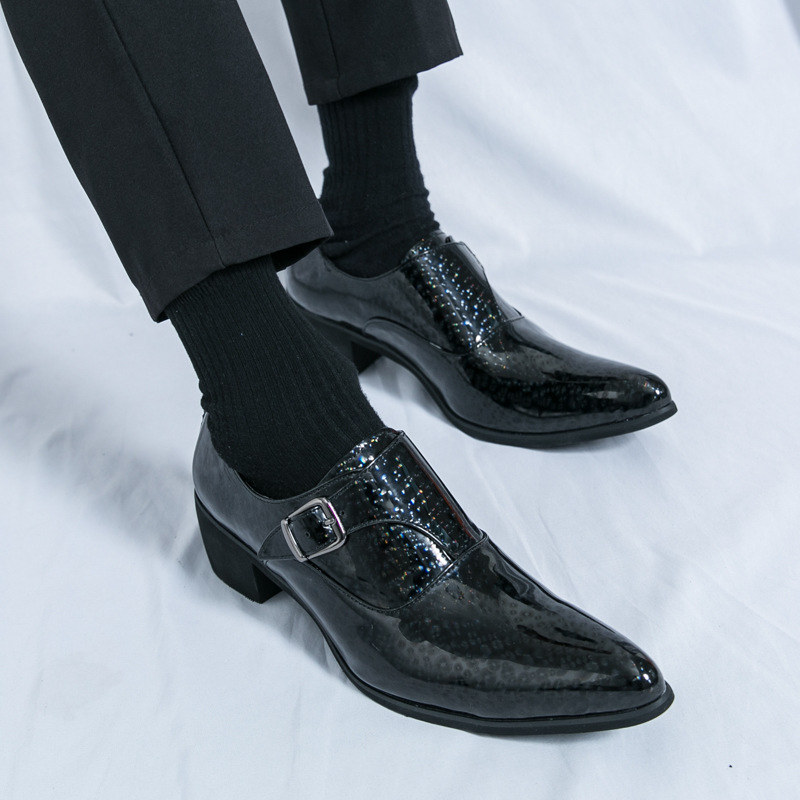 Pánske loafer s ostrým nosom, lakovaná koža, 6–8 cm hrubý podpätok, gumová podrážka, zapínanie s prackou
