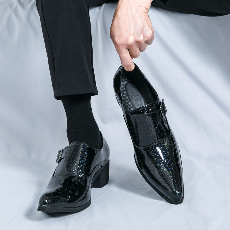 Pánske loafer s ostrým nosom, lakovaná koža, 6–8 cm hrubý podpätok, gumová podrážka, zapínanie s prackou