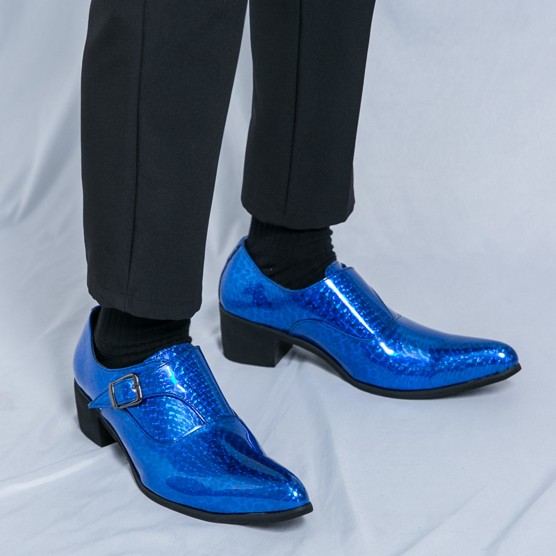 Pánske loafer s ostrým nosom, lakovaná koža, 6–8 cm hrubý podpätok, gumová podrážka, zapínanie s prackou