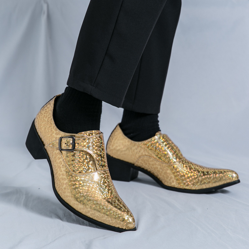 Pánske loafer s ostrým nosom, lakovaná koža, 6–8 cm hrubý podpätok, gumová podrážka, zapínanie s prackou