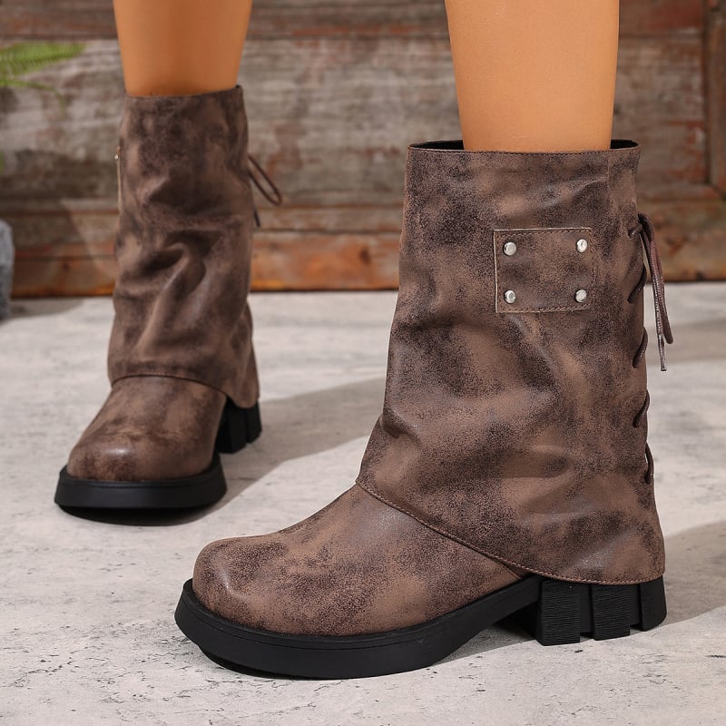 PU felső részű, vastag talpú bokacipő, kerek orrú, masszív sarok 6–8 cm