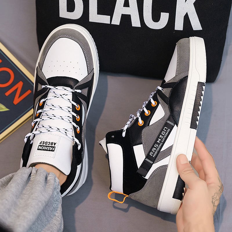 Pánske vysoké tenisky, guľatý špička, vrchnok zo syntetickej kože, nešmykľujúca plochá podrážka, priedušná sieťovaná výstelka s PU vložkou