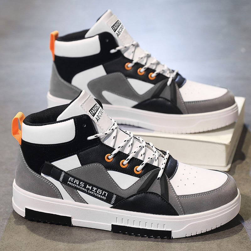 Pánske vysoké tenisky, guľatý špička, vrchnok zo syntetickej kože, nešmykľujúca plochá podrážka, priedušná sieťovaná výstelka s PU vložkou