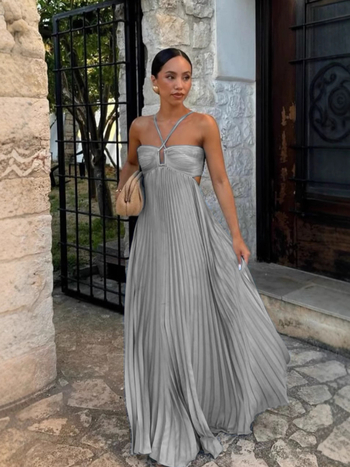 Rochie - stil tube-top, fără mâneci, talie înaltă, decolteu în V, rochie lungă tip slip