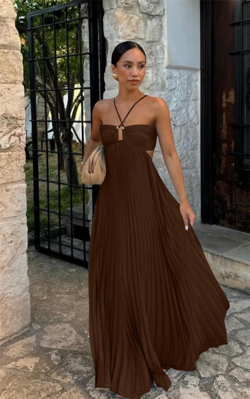 Rochie - stil tube-top, fără mâneci, talie înaltă, decolteu în V, rochie lungă tip slip