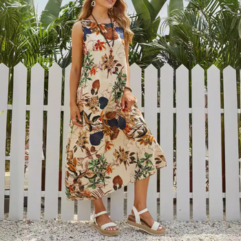 Φόρεμα μίντι Α‑γραμμής με 3D εθνοτικό εκτύπωμα, ύφασμα βαμβάκι‑πολυεστέρα, λαιμόκοψη στρογγυλή, χωρίς μανίκια, υψηλή μέση, καλοκαίρι 2024