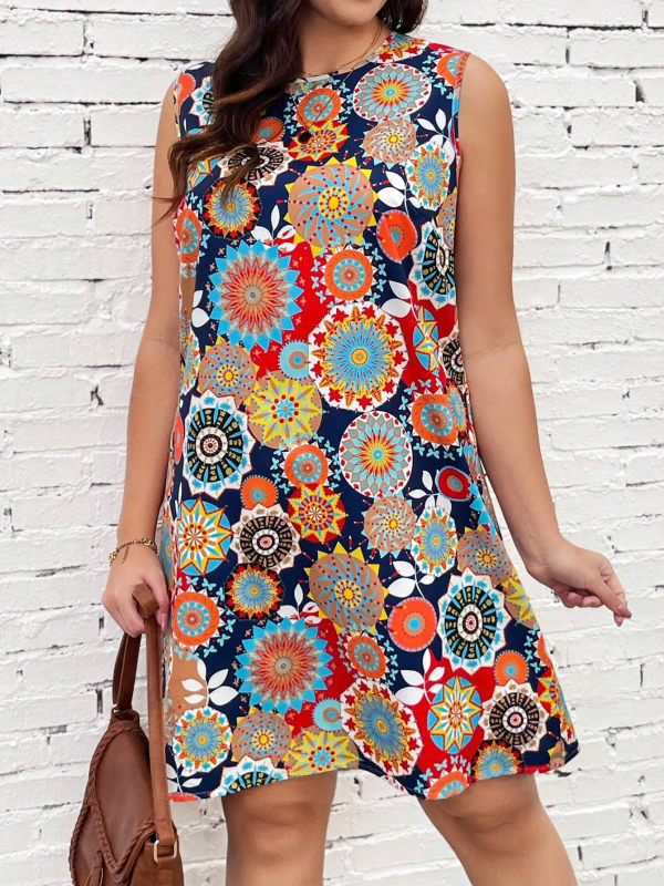 Φόρεμα μίντι Α‑γραμμής με 3D εθνοτικό εκτύπωμα, ύφασμα βαμβάκι‑πολυεστέρα, λαιμόκοψη στρογγυλή, χωρίς μανίκια, υψηλή μέση, καλοκαίρι 2024