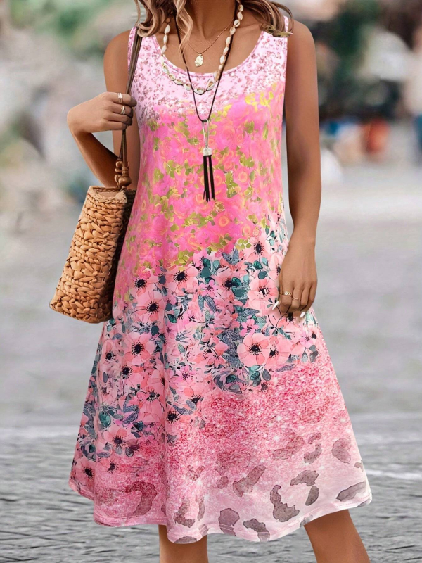 Φόρεμα μίντι Α‑γραμμής με 3D εθνοτικό εκτύπωμα, ύφασμα βαμβάκι‑πολυεστέρα, λαιμόκοψη στρογγυλή, χωρίς μανίκια, υψηλή μέση, καλοκαίρι 2024