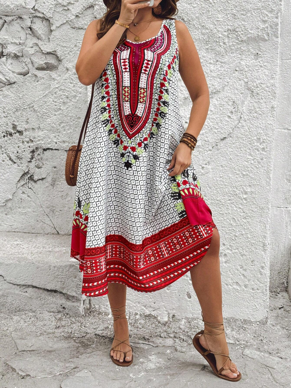 Φόρεμα μίντι Α‑γραμμής με 3D εθνοτικό εκτύπωμα, ύφασμα βαμβάκι‑πολυεστέρα, λαιμόκοψη στρογγυλή, χωρίς μανίκια, υψηλή μέση, καλοκαίρι 2024