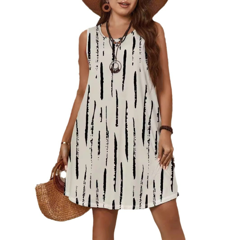 Φόρεμα μίντι Α‑γραμμής με 3D εθνοτικό εκτύπωμα, ύφασμα βαμβάκι‑πολυεστέρα, λαιμόκοψη στρογγυλή, χωρίς μανίκια, υψηλή μέση, καλοκαίρι 2024