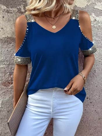 Μπλούζα από πολυεστέρα με λαιμό V, κοντά μανίκια, λεπτομέρειες patchwork, χαλαρό στυλ casual