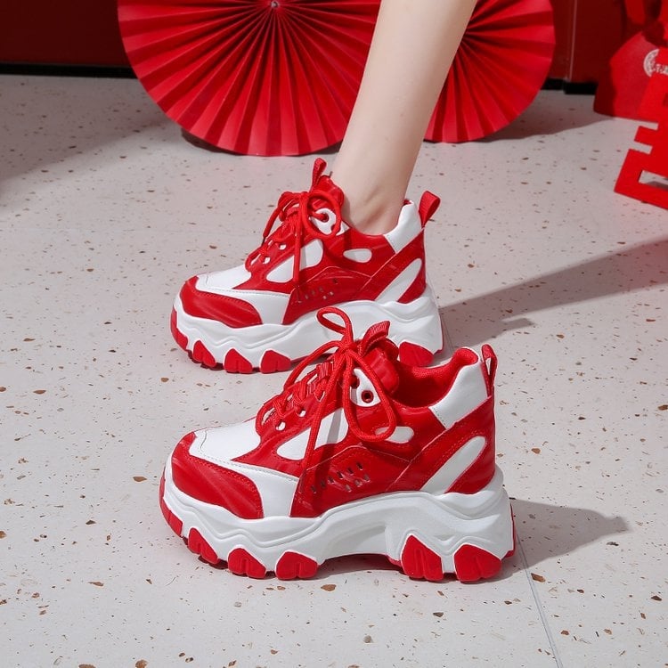 Női fűzős platformos cipő, kerek orrú, PU felső rész, 6–8 cm magas platform
