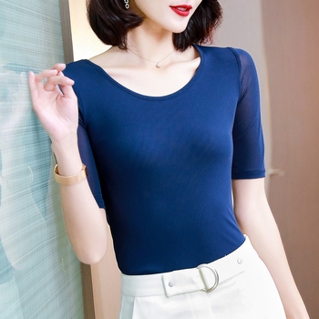 Ženska majica s dugim rukavima i okruglim izrezom, uskog kroja, mrežasta tkanina od najlona i spandeksa