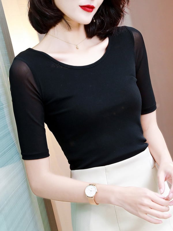 Ženska majica s dugim rukavima i okruglim izrezom, uskog kroja, mrežasta tkanina od najlona i spandeksa