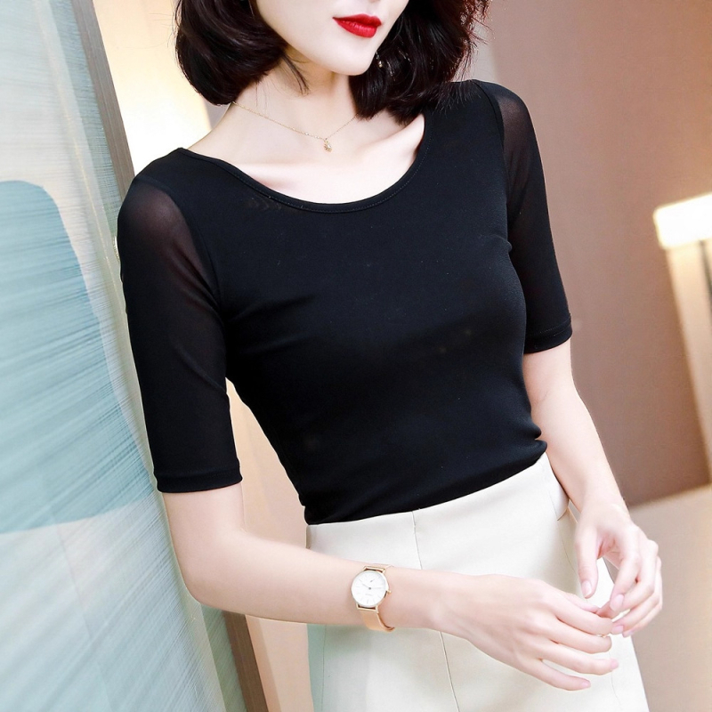 Ženska majica s dugim rukavima i okruglim izrezom, uskog kroja, mrežasta tkanina od najlona i spandeksa