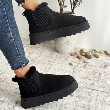 Női téli csizma – meleg Slip-On, felső része velúr, PU talp, középső szár 9,5 cm, kerek orr, belső bélés műszőrmés