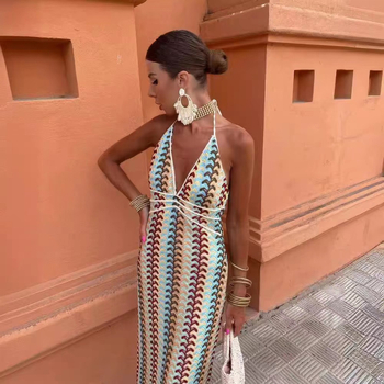 rochie cu halter și decolteu în V, fără mâneci, lungă, poliester, imprimare 3D