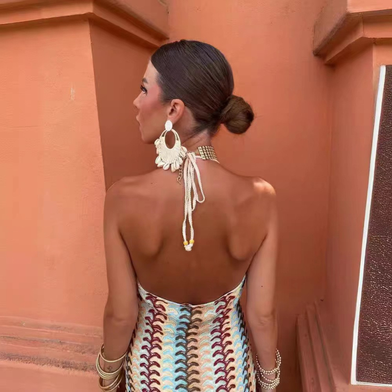 rochie cu halter și decolteu în V, fără mâneci, lungă, poliester, imprimare 3D