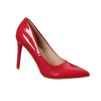 Visoke štikle: šiljasti vrh, patent koža, stiletto peta, niski gornji dio, gumena podstava