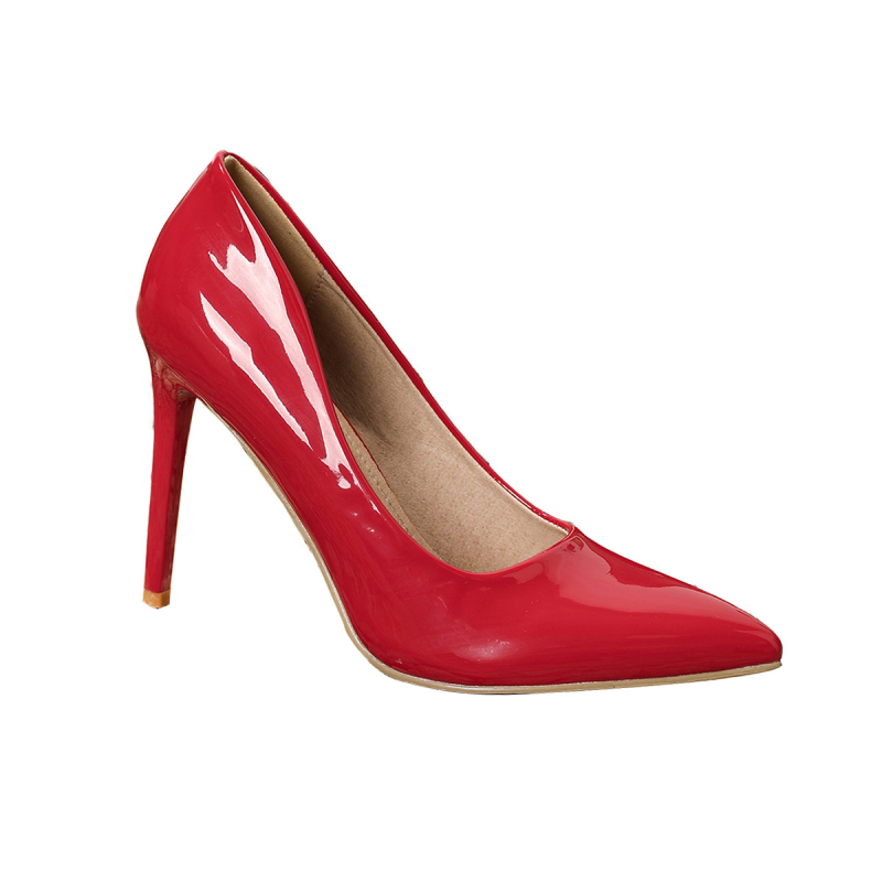 Visoke štikle: šiljasti vrh, patent koža, stiletto peta, niski gornji dio, gumena podstava