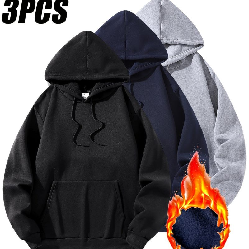 Σετ ανδρικά φλις κουκούλα 3 τεμαχίων — μονόχρωμο casual, χαλαρή γραμμή, μακριά μανίκια, στρογγυλός λαιμός, πολυεστέρας