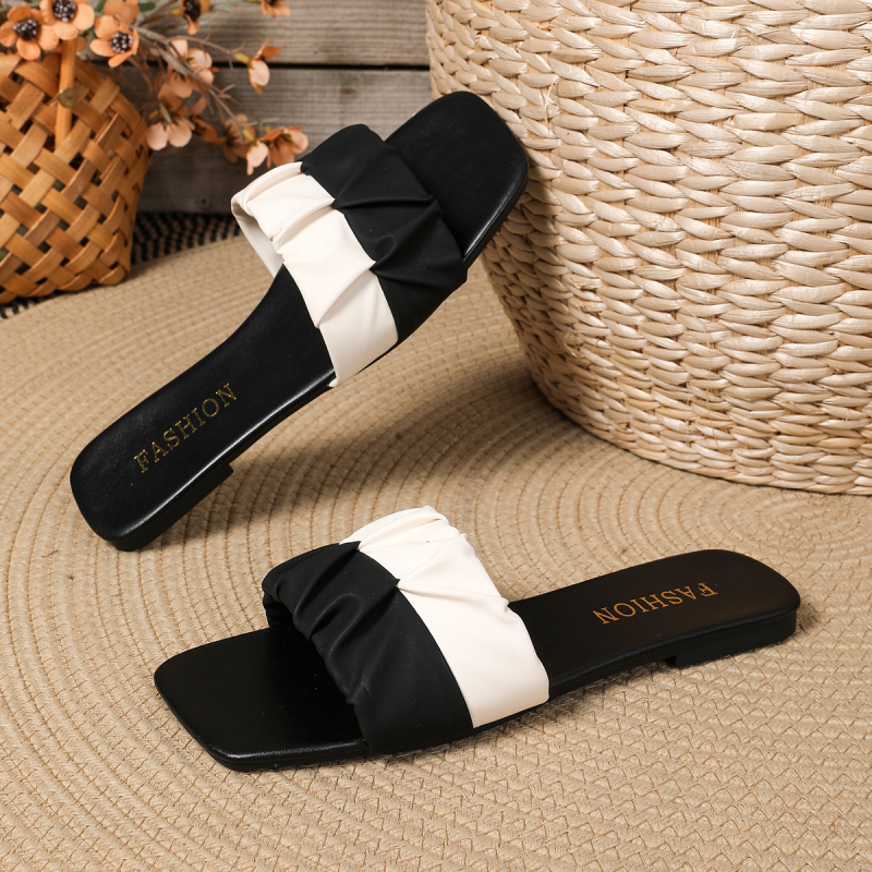 Slip-on sandalai su vienu dirželiu, PU viršus su spalvų blokais ir gumine padas