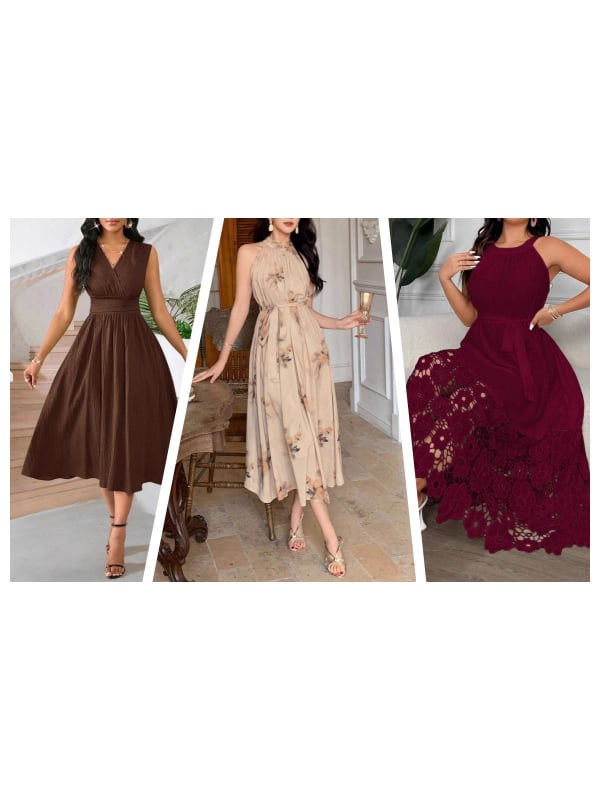 rochie din chiffon, linie A, lungime midi, guler halter, model 3D