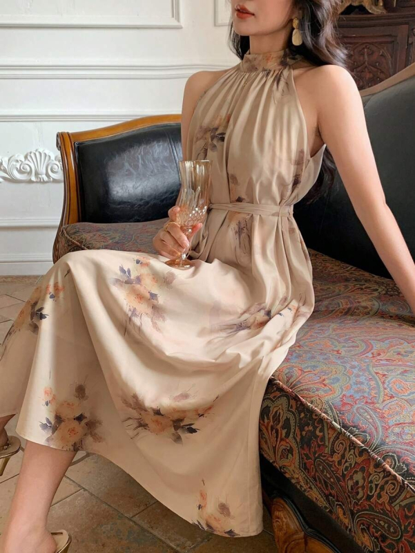 rochie din chiffon, linie A, lungime midi, guler halter, model 3D