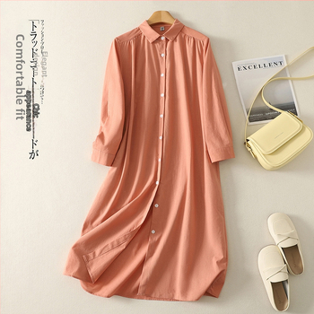 Košulna haljina od pamuka i lana, dugi rukavi, obrnuti ovratnik, srednja duljina, kopče sprijeda