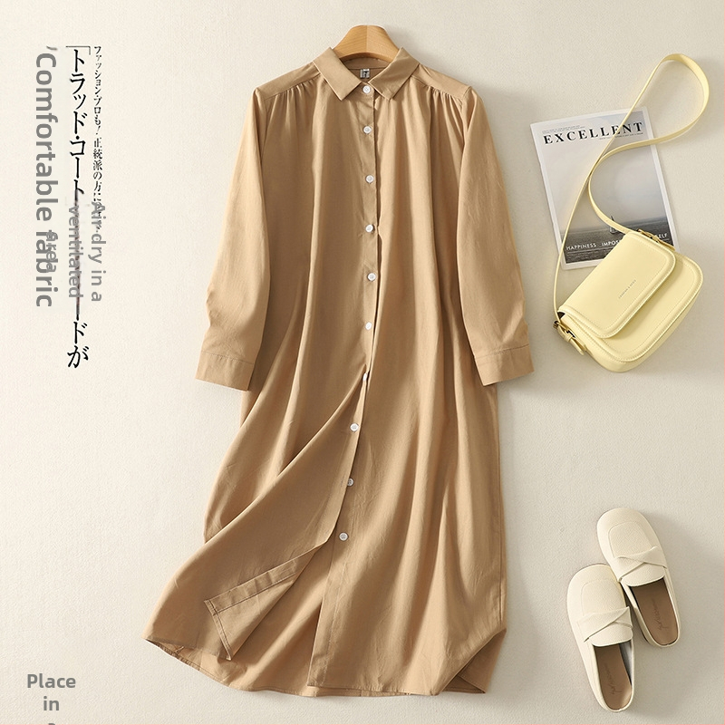 Košulna haljina od pamuka i lana, dugi rukavi, obrnuti ovratnik, srednja duljina, kopče sprijeda