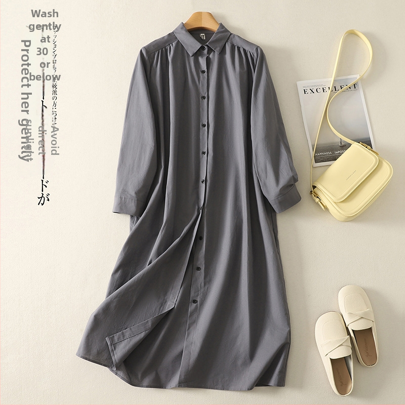 Košulna haljina od pamuka i lana, dugi rukavi, obrnuti ovratnik, srednja duljina, kopče sprijeda