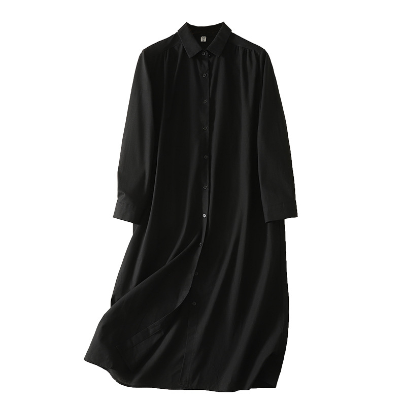 Košulna haljina od pamuka i lana, dugi rukavi, obrnuti ovratnik, srednja duljina, kopče sprijeda