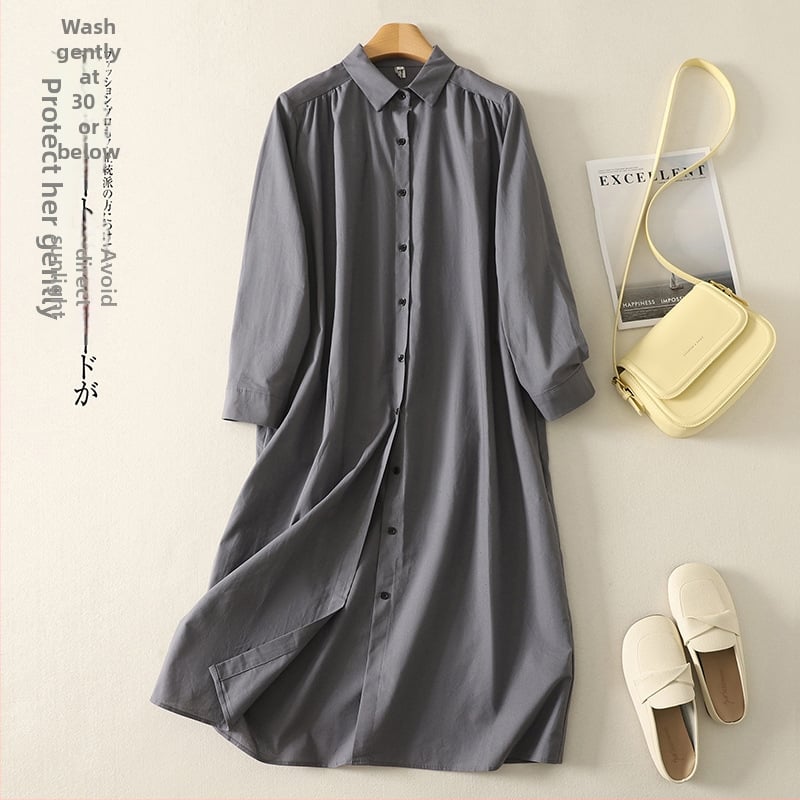 Košulna haljina od pamuka i lana, dugi rukavi, obrnuti ovratnik, srednja duljina, kopče sprijeda