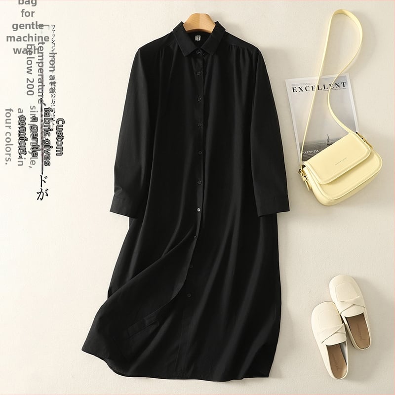 Košulna haljina od pamuka i lana, dugi rukavi, obrnuti ovratnik, srednja duljina, kopče sprijeda