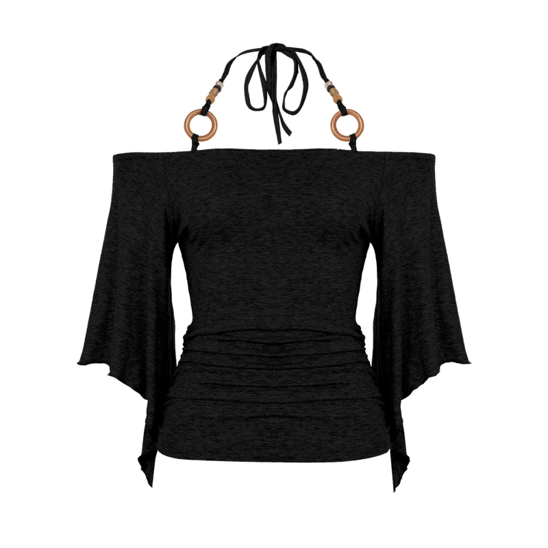 Top s jednim ramom, ukrašen perlicama i vezom halter, zvonasti rukavi, pleteni top, uski struk (dužina 50–65 cm)