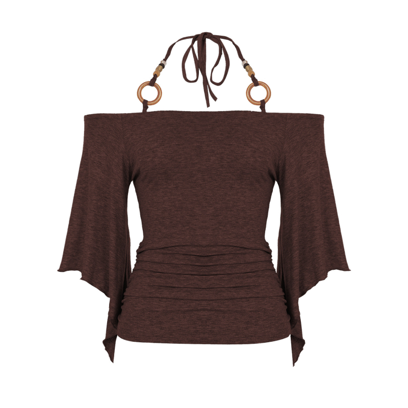 Top s jednim ramom, ukrašen perlicama i vezom halter, zvonasti rukavi, pleteni top, uski struk (dužina 50–65 cm)